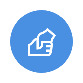 Hand holding a card inside a blue circle icon.