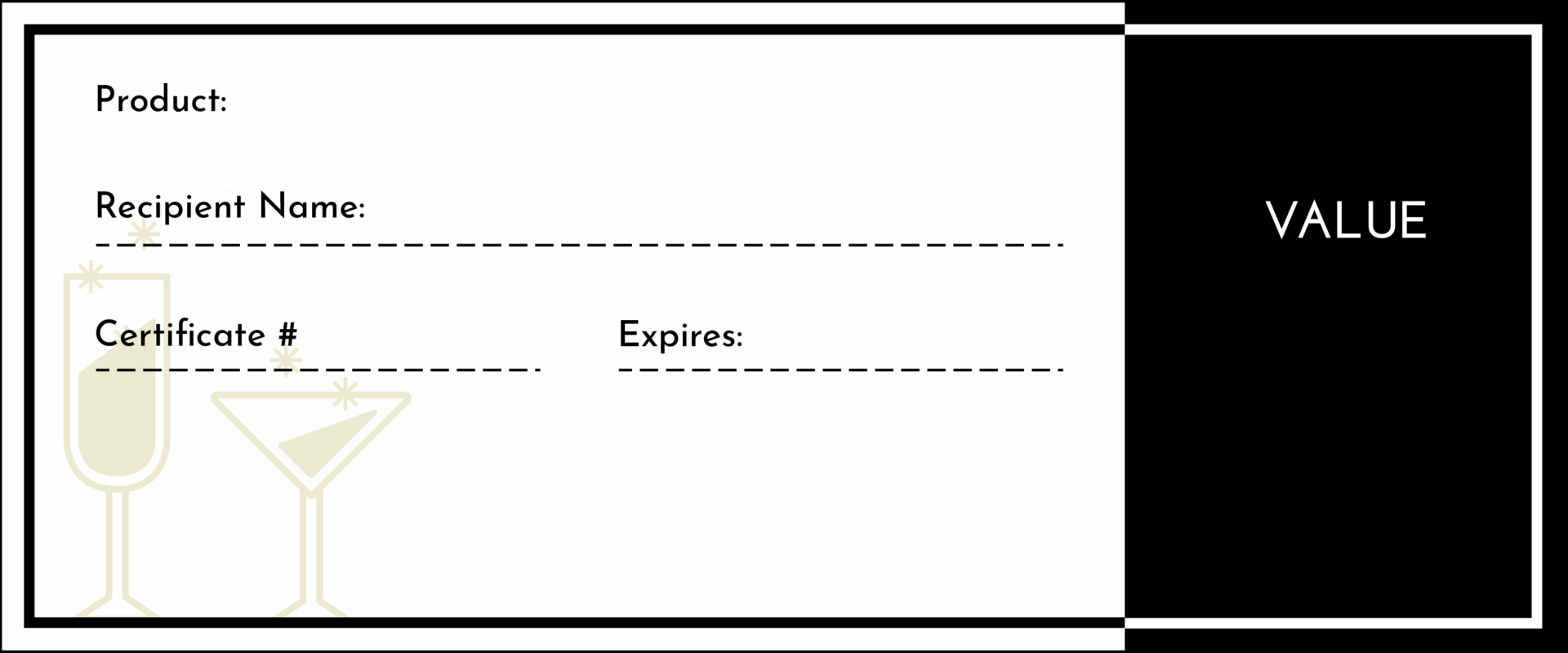 Gift certificate with drink illustrations and details.